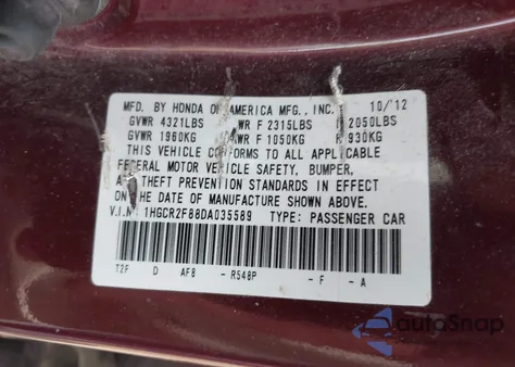 2013 Honda Accord Ex-L z USA, uszkodzony, nr VIN 1HGCR2F88DA035589